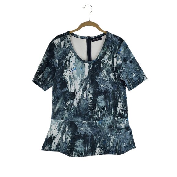 Piazza Sempione Scuba Top Short Sleeve Peplum Blue Gray Marble Size 40 US 6 - Picture 1 of 9